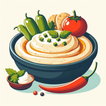 Hummus in a bowl with vegetables and spices. Vector illustration.のイラスト素材