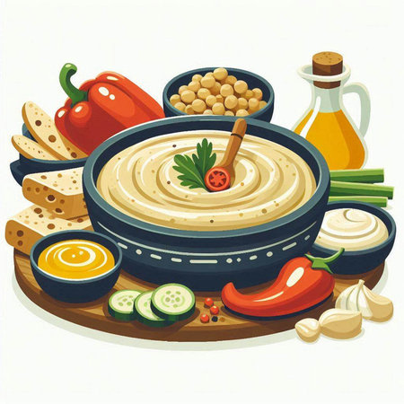 Bowl of hummus and ingredients for cooking. Vector illustration.のイラスト素材