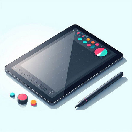 Tablet computer with graphic tablet and pen on blue background. Vector illustration.のイラスト素材