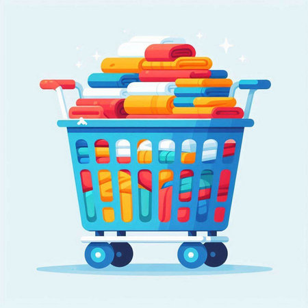 Shopping cart full of clothes. Vector illustration in cartoon style.のイラスト素材