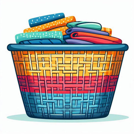 Illustration of a basket full of colorful clothes on a white backgroundのイラスト素材