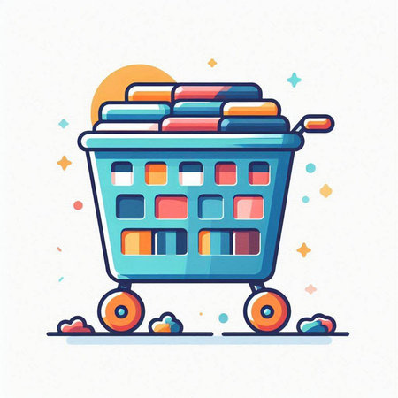 Shopping cart with stack of clothes. Colorful flat vector illustration.のイラスト素材