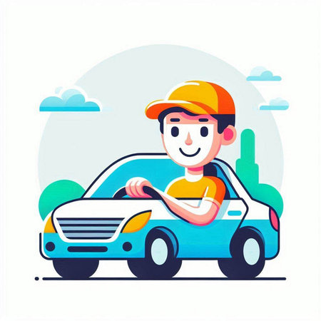 Vector illustration of a man in a cap with a tablet in his hands and a car.のイラスト素材