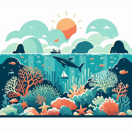 Underwater landscape with fish, corals and waves. Vector illustration.のイラスト素材