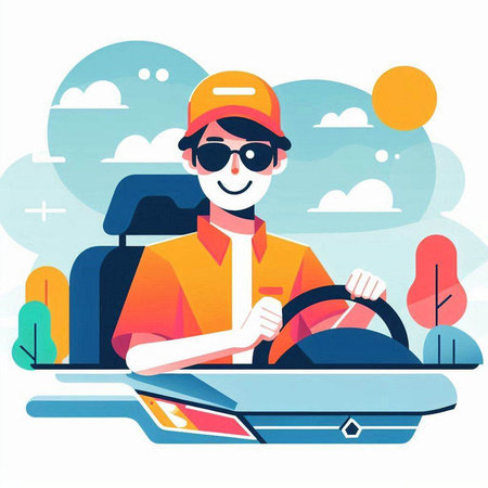 Man driving his car. Vector illustration in flat cartoon style. Transport concept.のイラスト素材