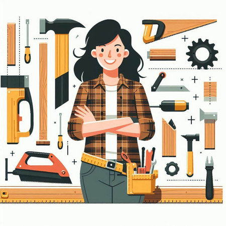Vector flat cartoon illustration of female carpenter with various tools and instruments.のイラスト素材