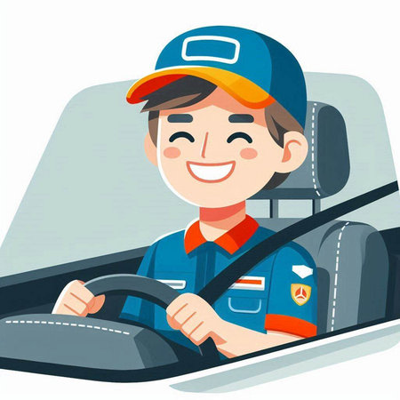 Illustration of a Cheerful Young Male Worker Driving a Carのイラスト素材