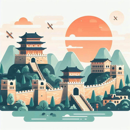 Chinese ancient city landscape with ancient buildings and towers. Vector illustration.のイラスト素材