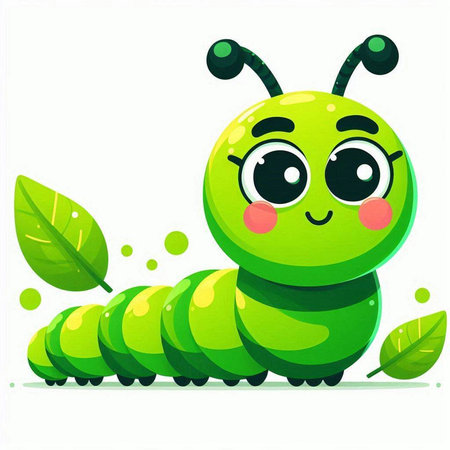 Cute cartoon caterpillar with green eyes and big eyes. Vector illustration.のイラスト素材