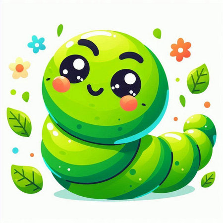 Cute cartoon caterpillar with flowers and leaves. Vector illustration.のイラスト素材