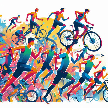 Vector illustration of a group of active people running with bicycles and bicyclesのイラスト素材