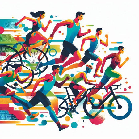 Group of people running on colorful abstract background. Sport, healthy lifestyle concept. Vector illustration.のイラスト素材