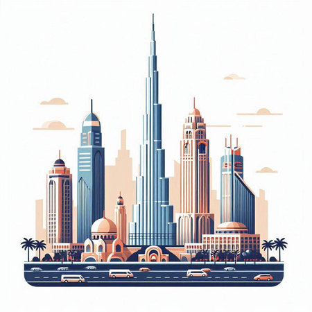 Dubai skyline with skyscrapers. Vector illustration in flat styleのイラスト素材