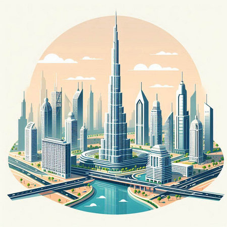 Dubai city skyline in a circle on a sunny day. Vector illustration.のイラスト素材