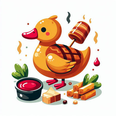 Vector illustration of a cartoon rubber duck with a wooden stick and a bowl of ketchup.のイラスト素材