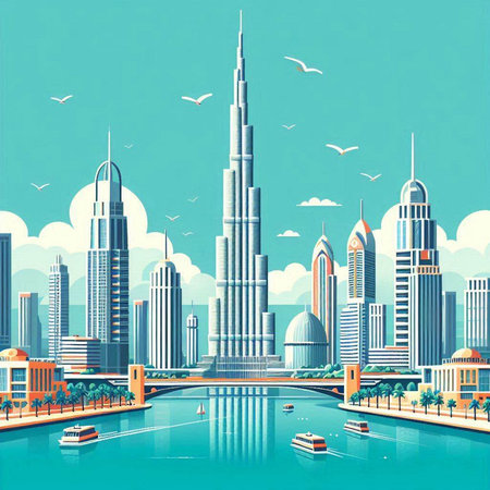 Dubai skyline, United Arab Emirates, illustration in vector format.のイラスト素材