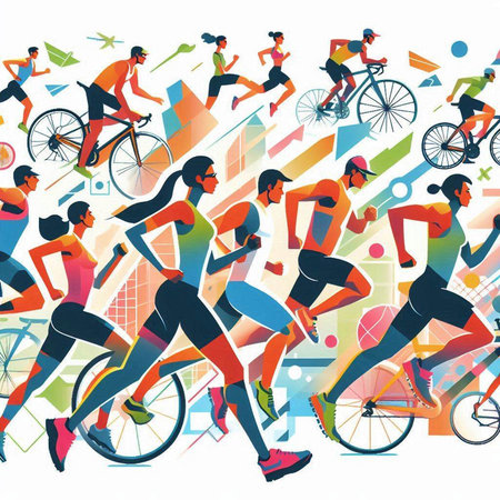 Sport vector background with people running and cycling. Healthy lifestyle illustration.のイラスト素材