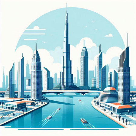 Dubai, United Arab Emirates skyline. Vector illustration in retro styleのイラスト素材