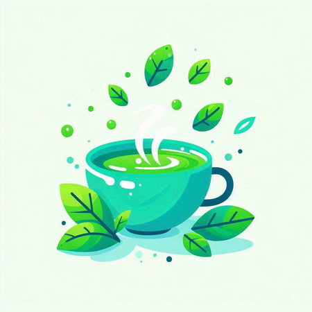 Cup of green tea with green leaves. Hand drawn vector illustration.のイラスト素材