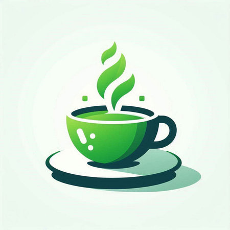 Coffee cup icon with green leaves on a white background.のイラスト素材