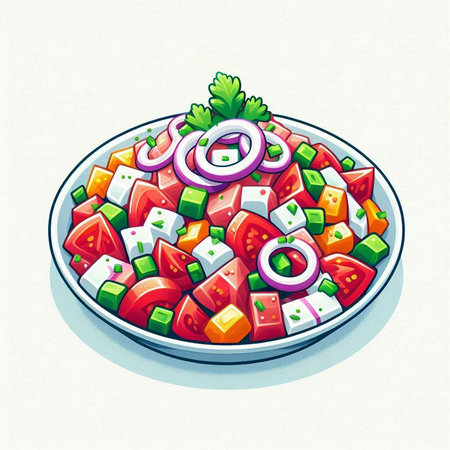 Illustration of a fresh salad with tomatoes, onion and mayonnaiseのイラスト素材
