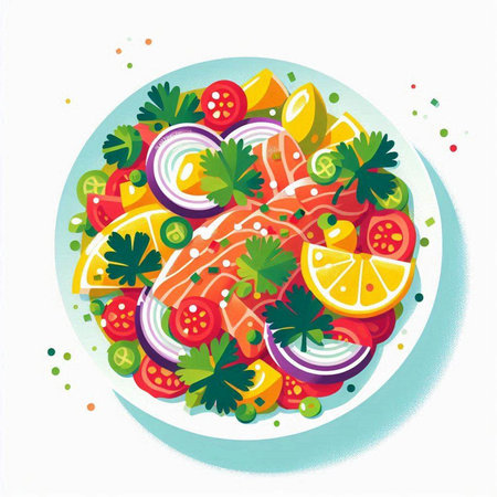 Salmon salad in a plate on a white background. Vector illustration.のイラスト素材