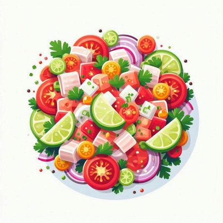 Salad with tomatoes, cucumbers, onions and cheese. Vector illustration.のイラスト素材