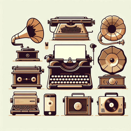Vintage typewriter, gramophone, camera and record player. Vector illustration.のイラスト素材