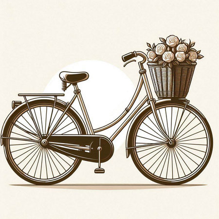 Bicycle with a basket of flowers. Vector illustration in retro style.のイラスト素材