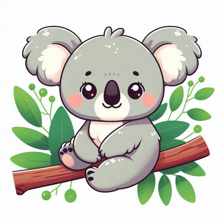 Cute cartoon koala sitting on a tree branch. Vector illustration.のイラスト素材