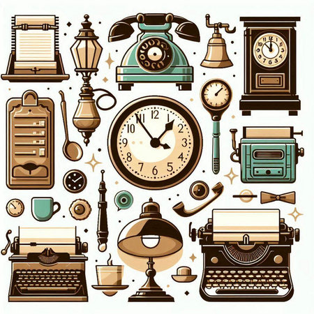 Set of vintage objects on the theme of time. Vector illustration.のイラスト素材