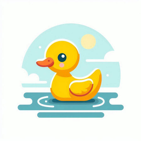 Cute yellow rubber duck in the water. Vector flat illustration.のイラスト素材