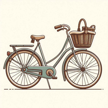 Vintage bicycle with basket. Hand drawn vector illustration in retro style.のイラスト素材