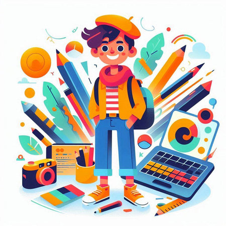 Cute boy with school supplies. Back to school. Vector illustrationのイラスト素材