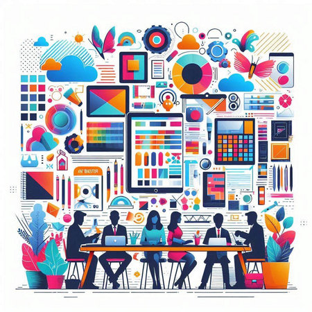 Vector illustration of business people working in office. Design for banner, poster or print.のイラスト素材
