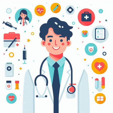 Vector illustration of a doctor with medical icons. Flat style design.のイラスト素材