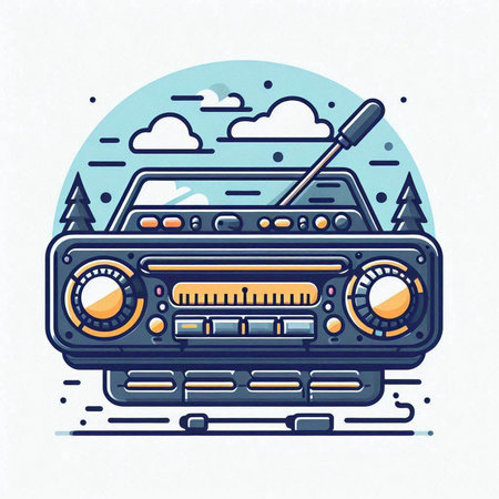 Retro radio with remote control. Vector illustration in linear style.のイラスト素材
