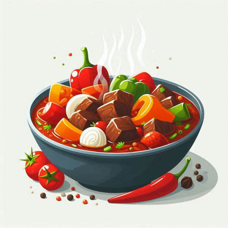 Illustration of a bowl of beef stew with vegetables and spices.のイラスト素材