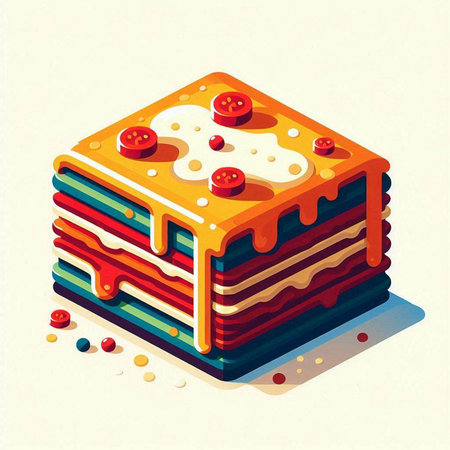 Colorful illustration of a stack of layered cake with cream and ketchupのイラスト素材