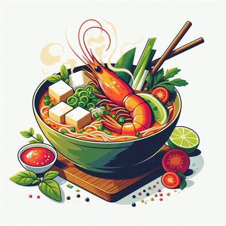 Illustration of a bowl of spicy soup with shrimps and vegetablesのイラスト素材