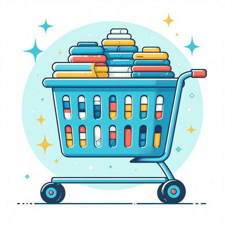 Shopping cart full of books and pills. Vector illustration on white background.のイラスト素材