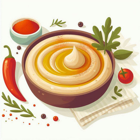 Bowl of hummus with herbs and spices. Vector illustration.のイラスト素材