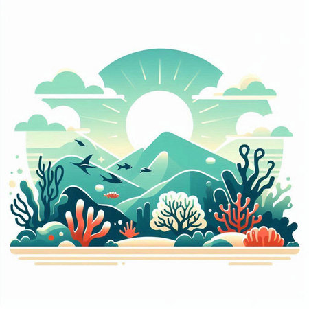 Colorful vector illustration of a sea landscape with corals and mountainsのイラスト素材