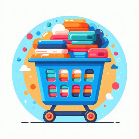 Shopping cart with pile of clothes. Colorful flat vector illustration.のイラスト素材