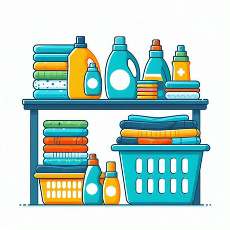 Laundry basket with towels and cleaning products. Vector illustration.のイラスト素材