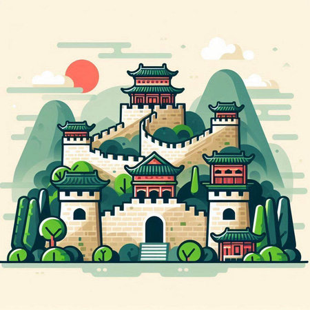 Ancient chinese fortress in flat style. Vector illustration in a flat style.のイラスト素材
