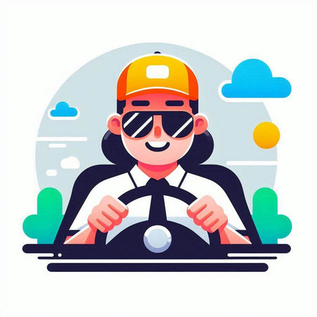 Man driving a car. Vector illustration in flat style. Cartoon character.のイラスト素材