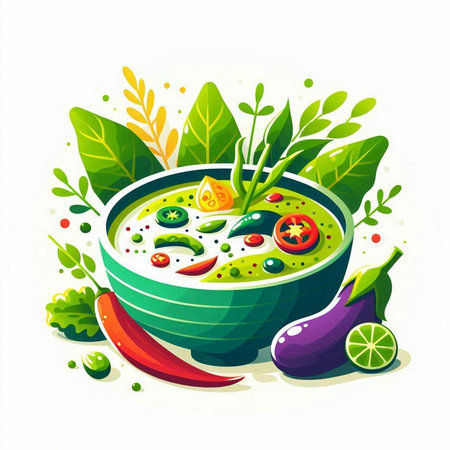 Vegetable soup in bowl with herbs and spices. Vector illustration.のイラスト素材