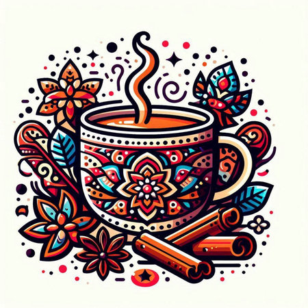 Hand drawn vector illustration of a cup of tea with cinnamon and anise.のイラスト素材