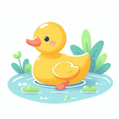 Cute yellow rubber duck swimming in the pond. Vector illustration.のイラスト素材